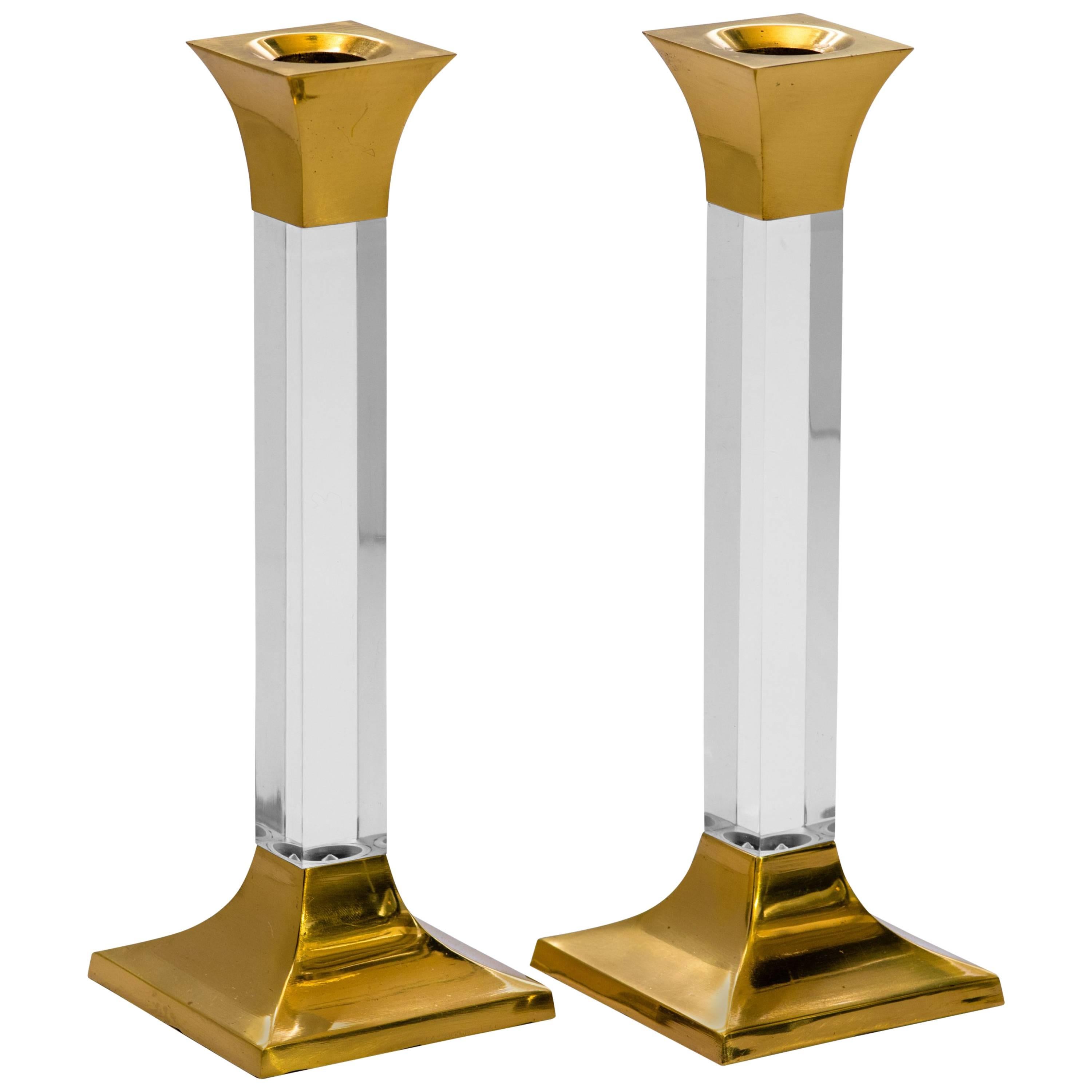 Pair of Vintage Brass and Lucite Candleholders