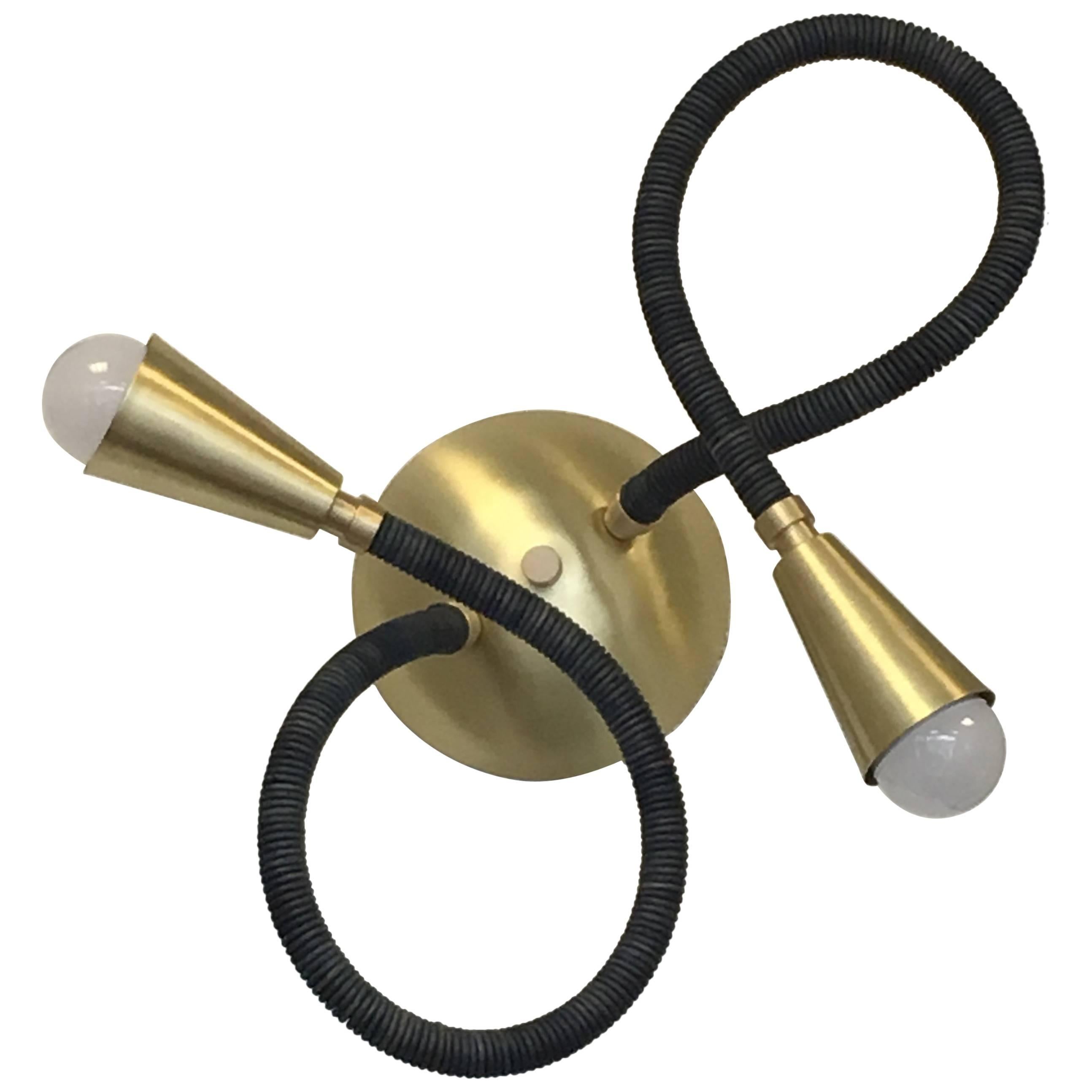 Brass and Leather Meander Flexible Arm Wall Light For Sale