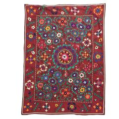 Large Vintage Red Floral Suzani Textile Cloth 1