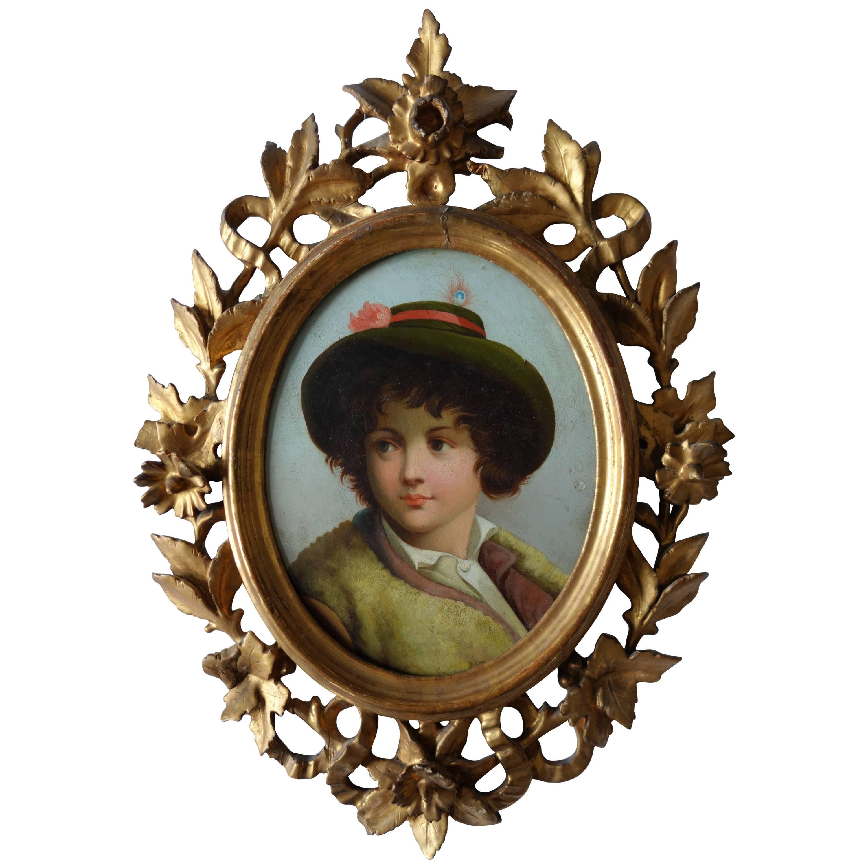 19th Century, Oval Portrait of a Boy with Hat, Signed L.E. Gaches Larey