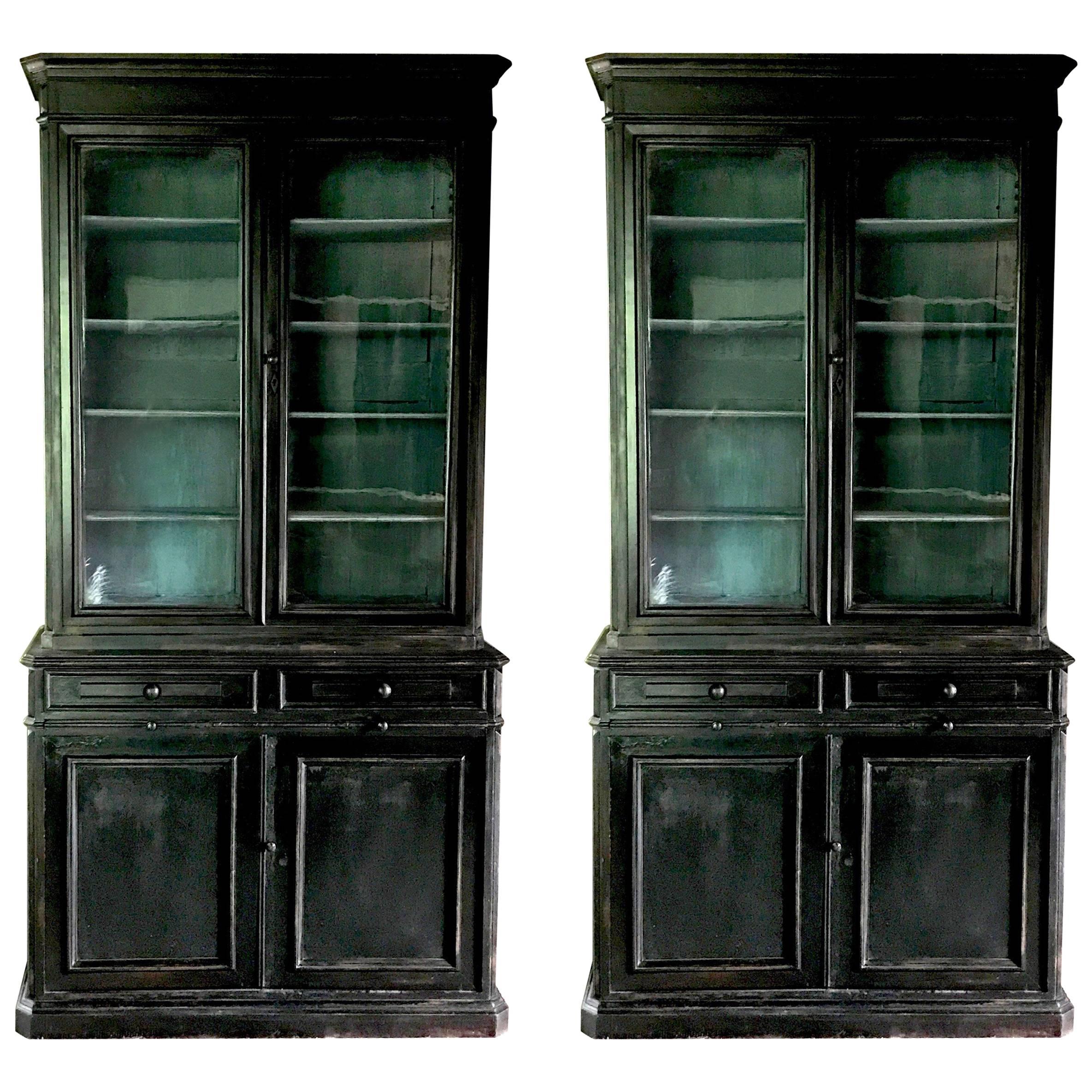 Pair of 19th Century Ebonized Louis Philippe Bookcases with Blue Interiors