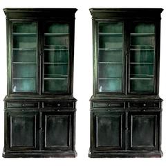 Pair of 19th Century Ebonized Louis Philippe Bookcases with Blue Interiors