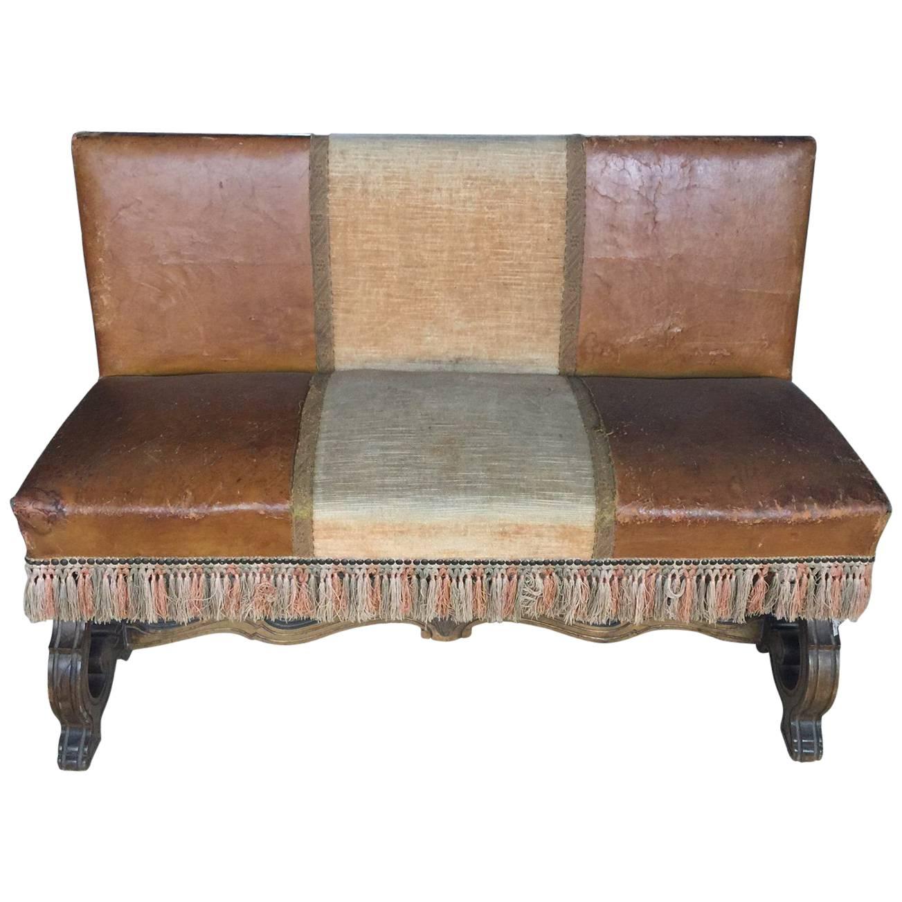 Petite Spanish Leather Walnut Bench with Fringe, Late 19th Century