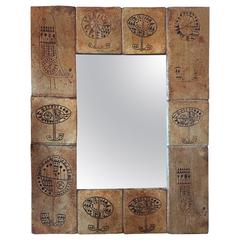 French Mid-Century Pressed Tile Mirror with Primitive Designs Vallauris