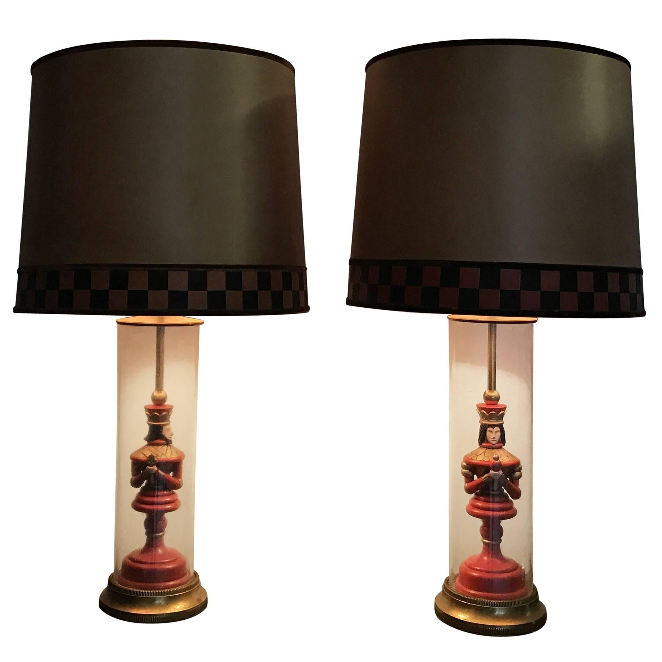 Most Unusual Pair of Whimsical Chess Piece under Glass Table Lamps