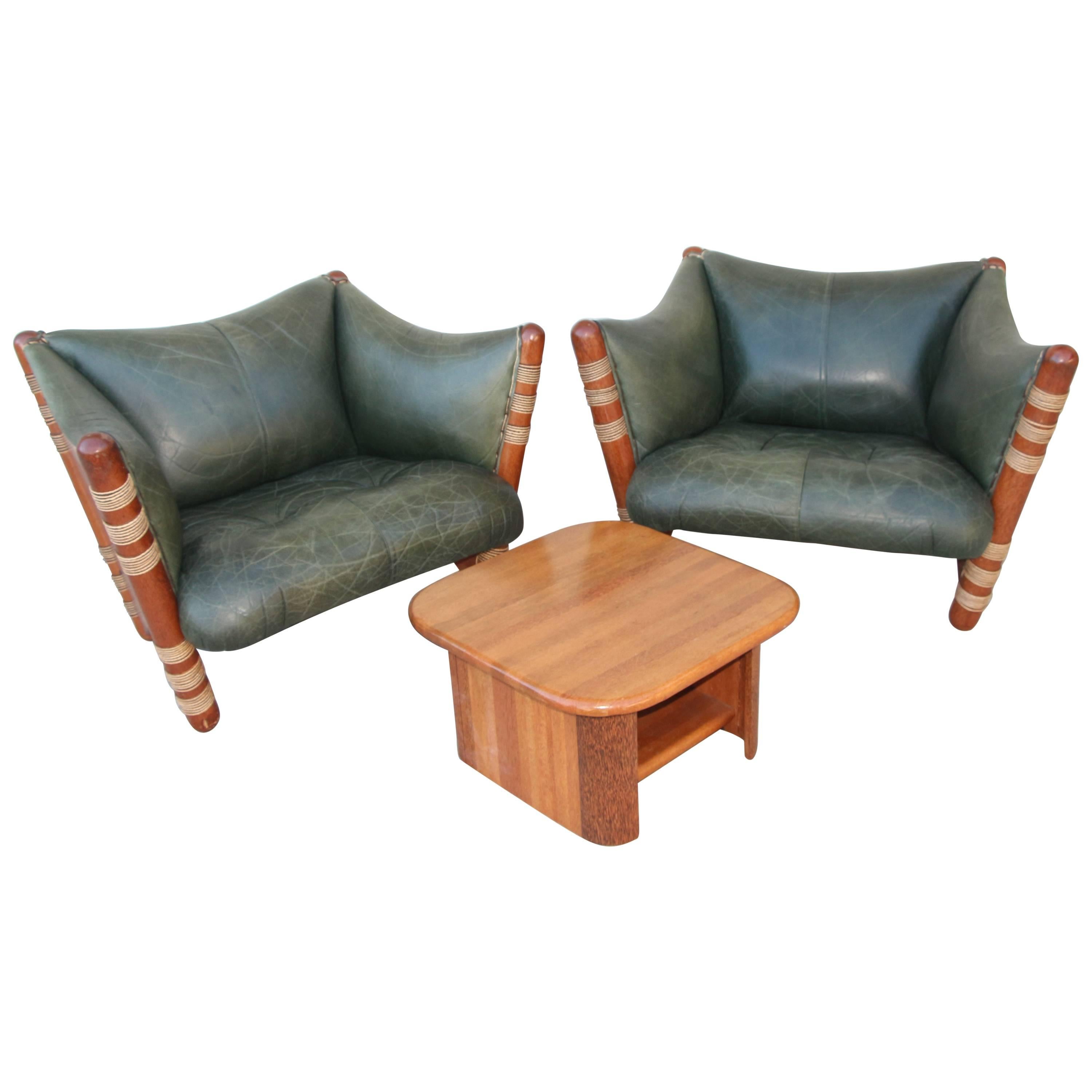 Pair of Pacific Green Distressed Leather Palm Wood Lounge Chairs and Table