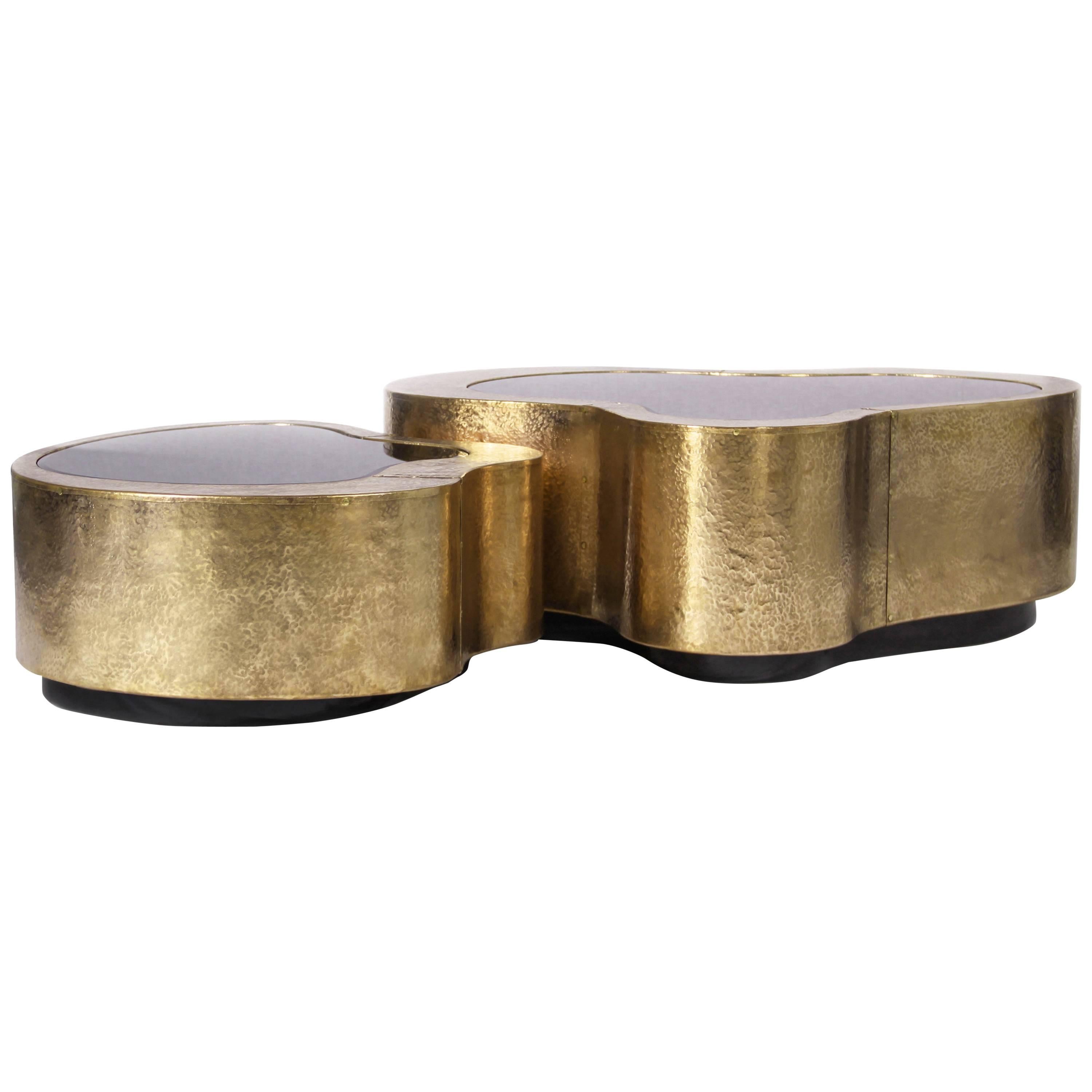 Set of Two Curvilinear Hammered Brass, Glass Center Coffee Tables from Europe