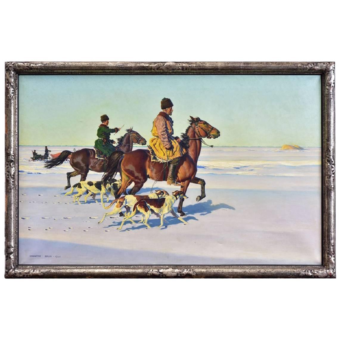  Oil Painting of Russian Cossaks W Horses & Dogs by Hugo Ungewitter