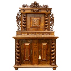 17th Century Louis XIII Burl Walnut Sideboard Cabinet with Carved Portrait