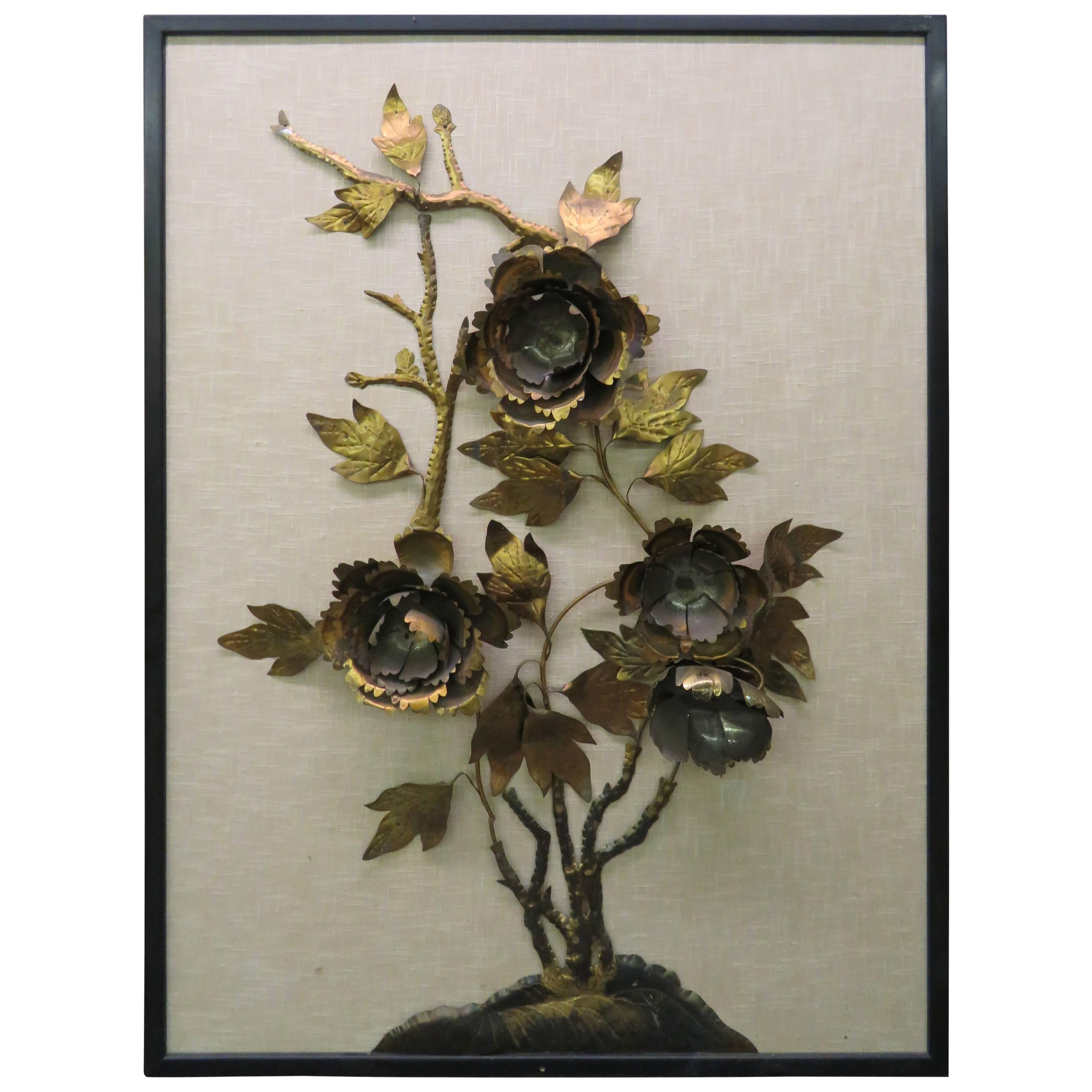 Brutalist Curtis Jere Style Brass Peony Flower Wall Hanging Sculpture For Sale