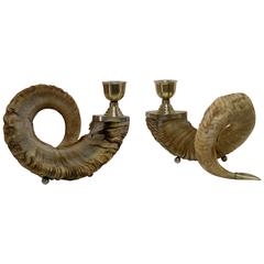 Pair of Large and Dramatic Mid-Century Ram's Horn Candleholders