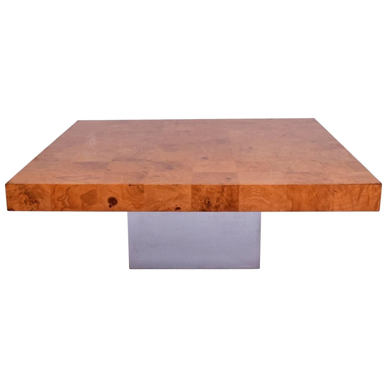 Milo Baughman Coffee Table, Burl Wood and Chrome Base at 1stDibs milo
