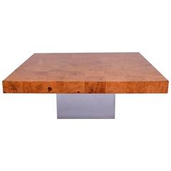 Milo Baughman Coffee Table, Burl Wood and Chrome Base