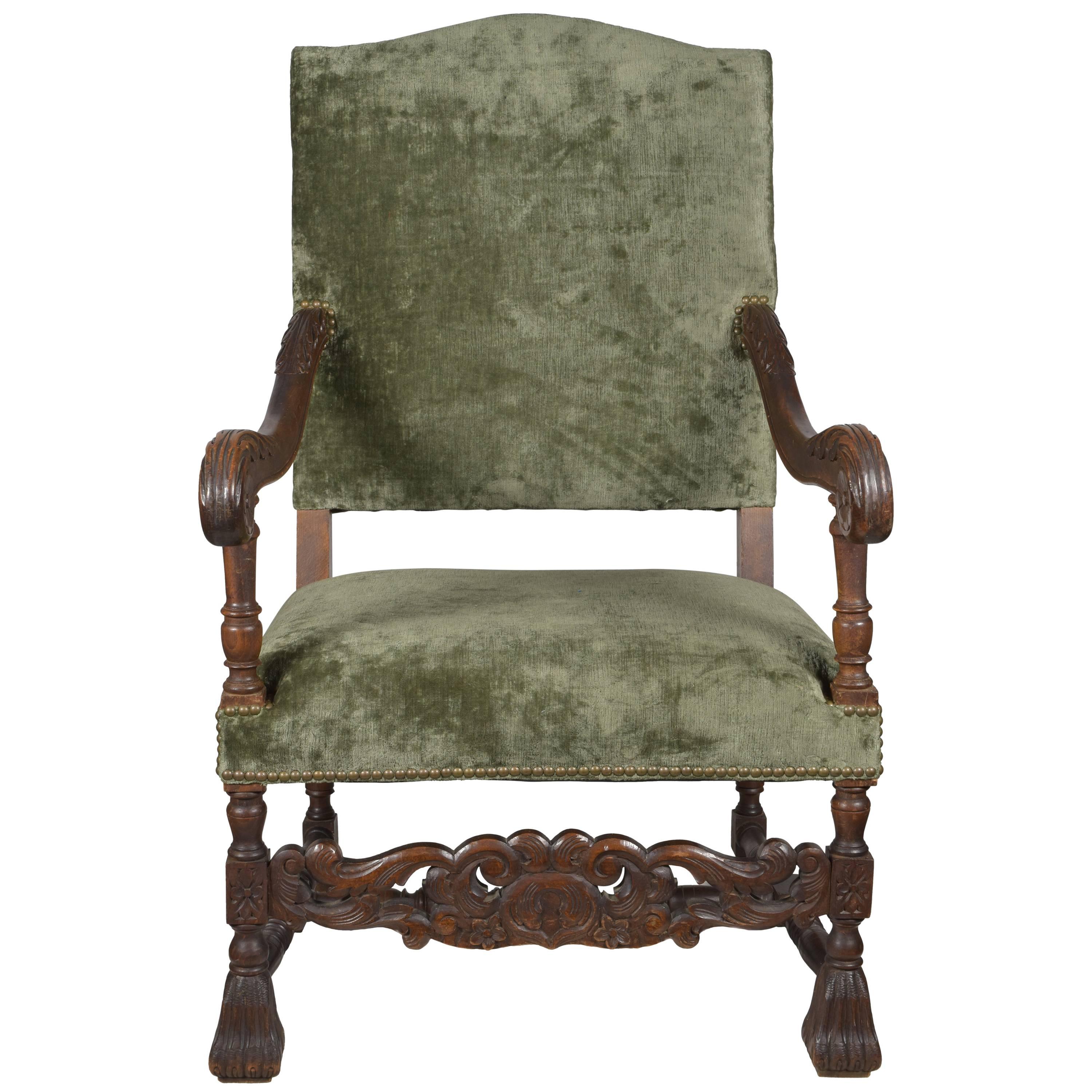 19th Century, French, Armchair in Green Velvet with Carved Details For Sale