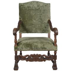 19th Century, French, Armchair in Green Velvet with Carved Details