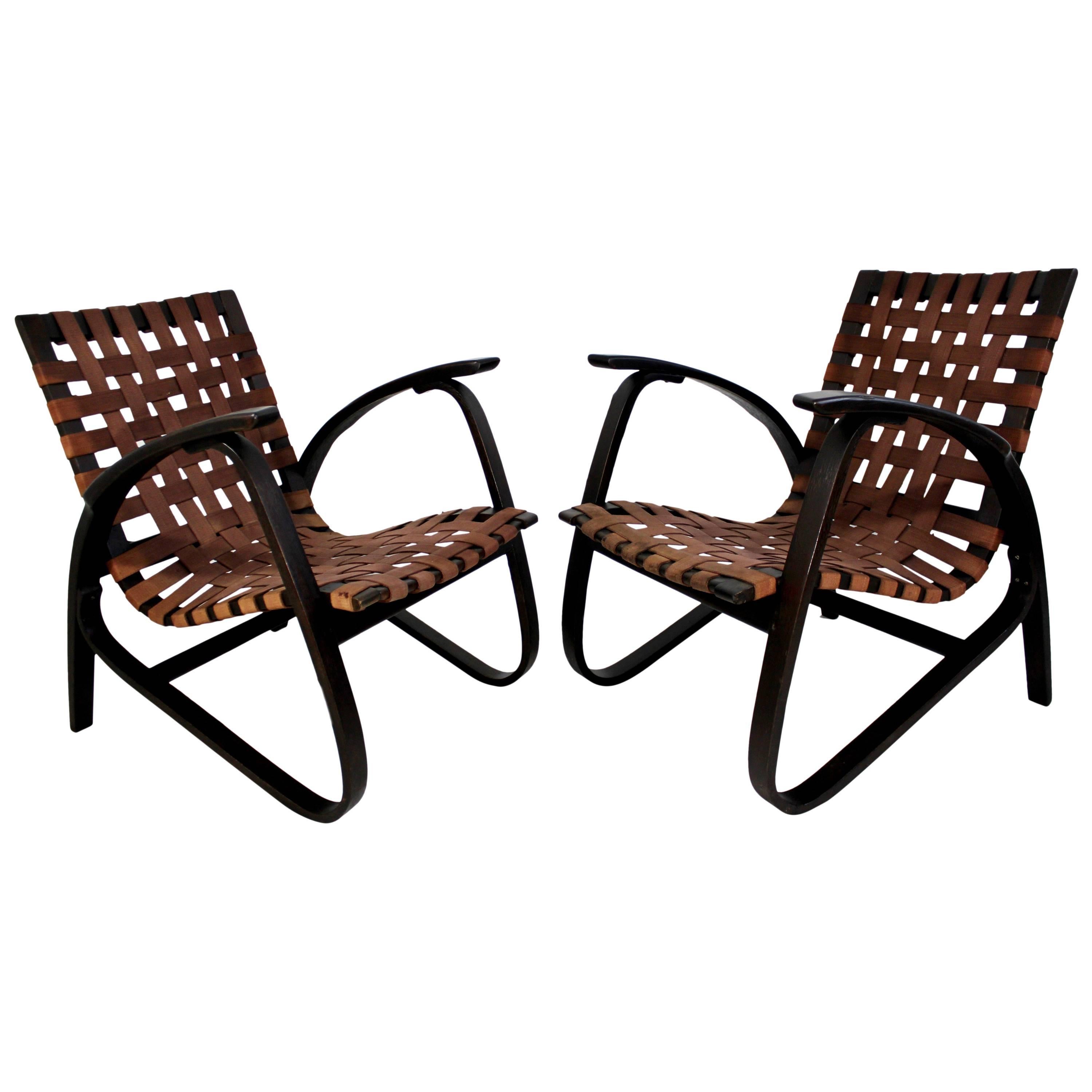 Jan Vanek Pair of Bentwood Easy Armchairs with Woven Straps For Sale