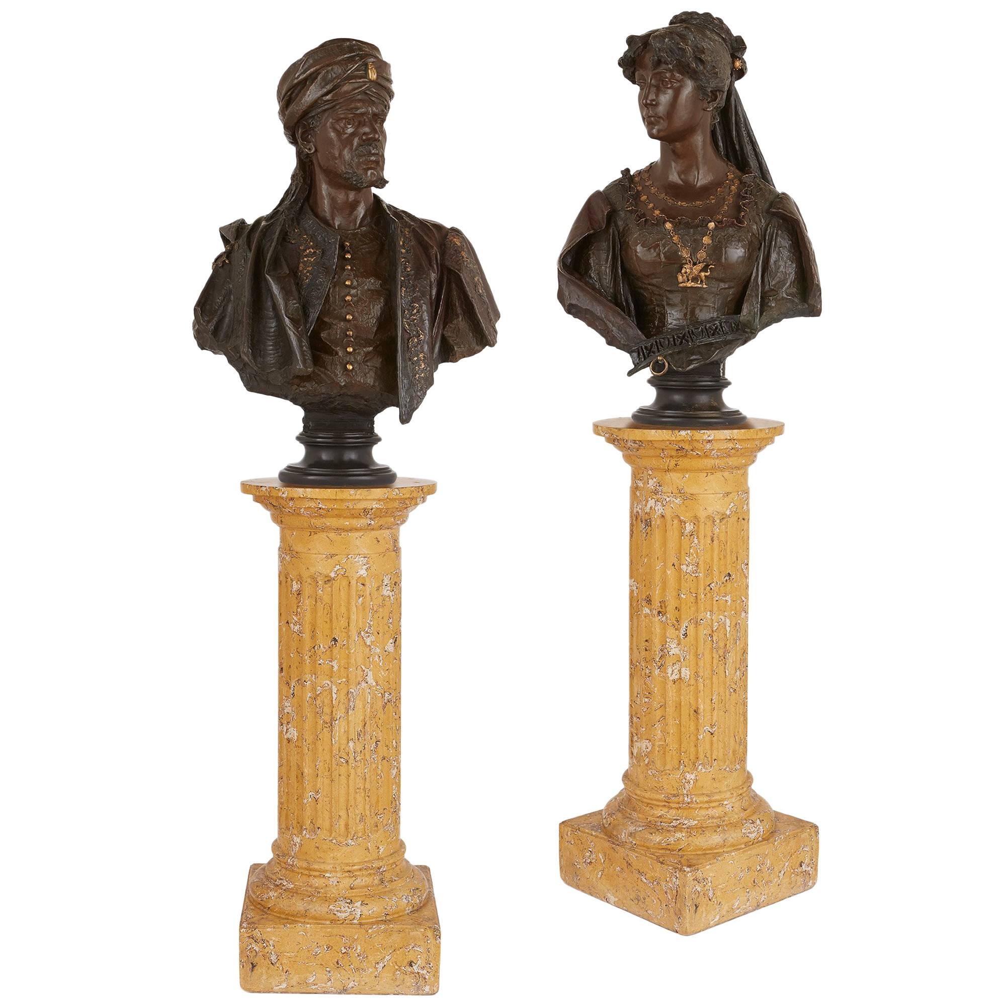 Pair of Antique Patinated Bronze Busts of Othello and Desdemona by Garella For Sale