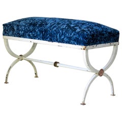 Retro Neoclassical Iron and Velvet Curule Bench, France, 1940s