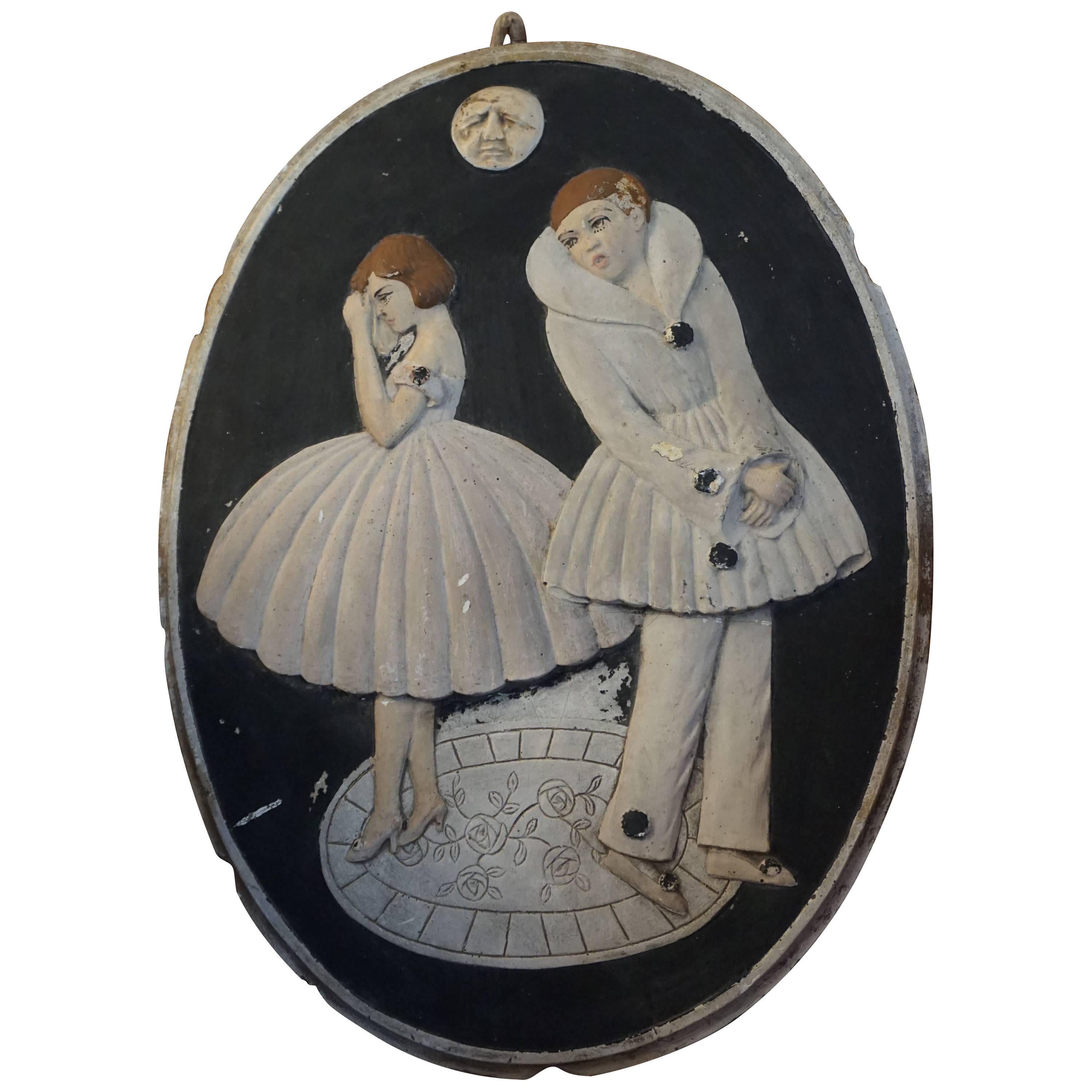 Early 1900s Handcrafted French Pierrot Pierrette Plaster Wall Plaque in Relief For Sale