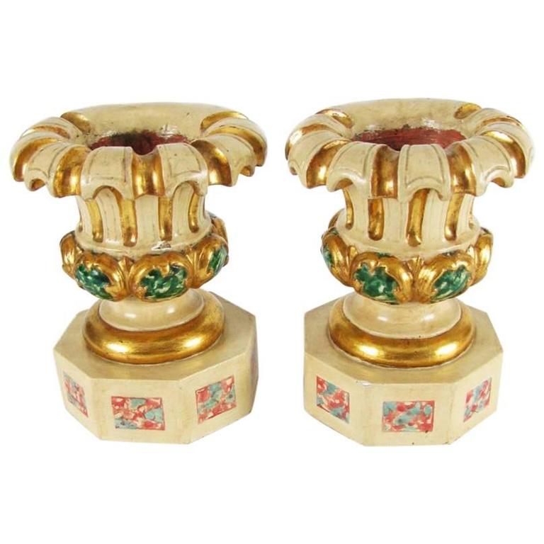Pair Of 18th Century Italian Carved Painted And Giltwood Vases