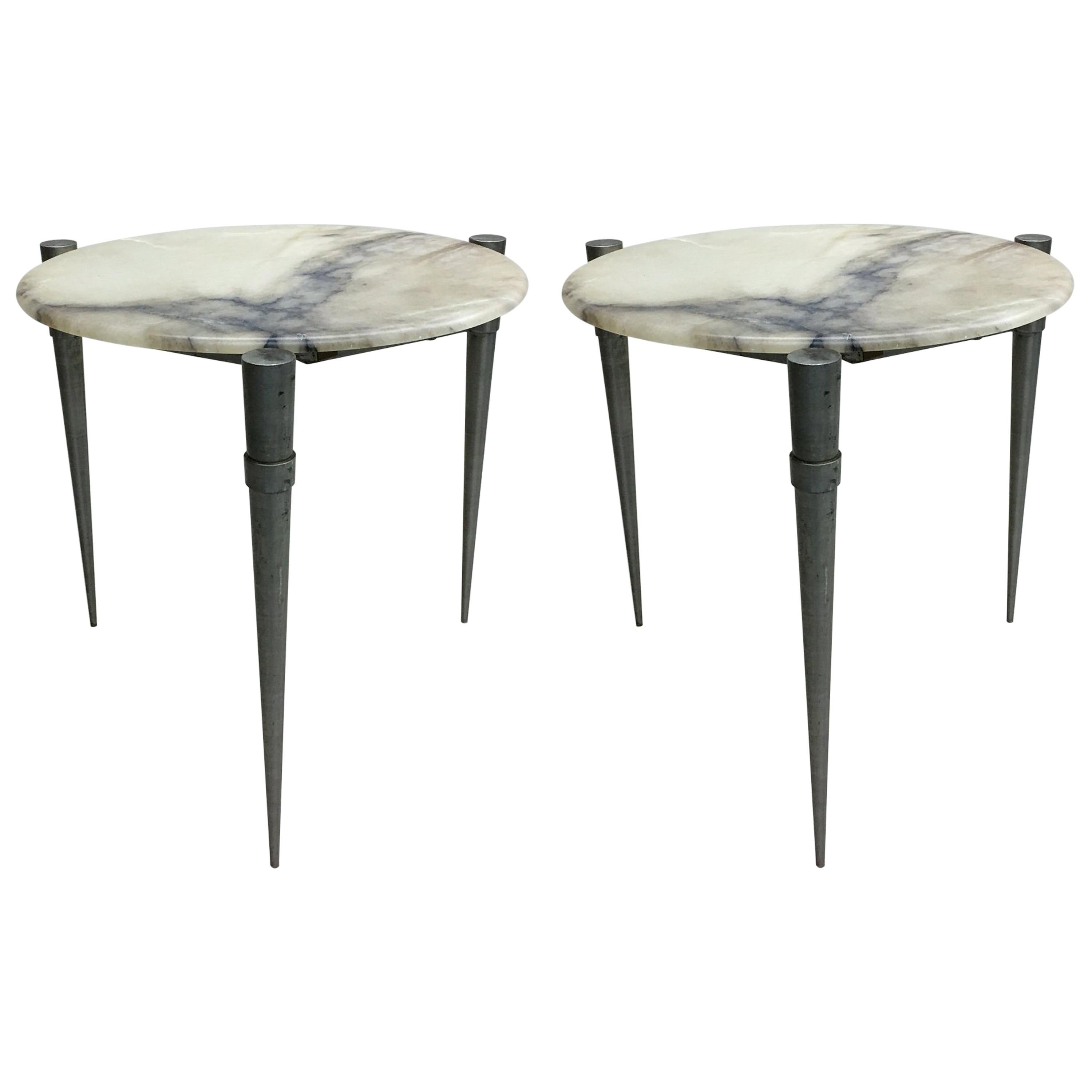 Pair of French Mid-Century Modern Steel and Alabaster Side Tables, circa 1950