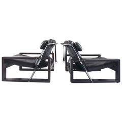 Superb Pair of Brutalist Lounge Chairs by Sonja Wasseur in Oak and Leather, 1970