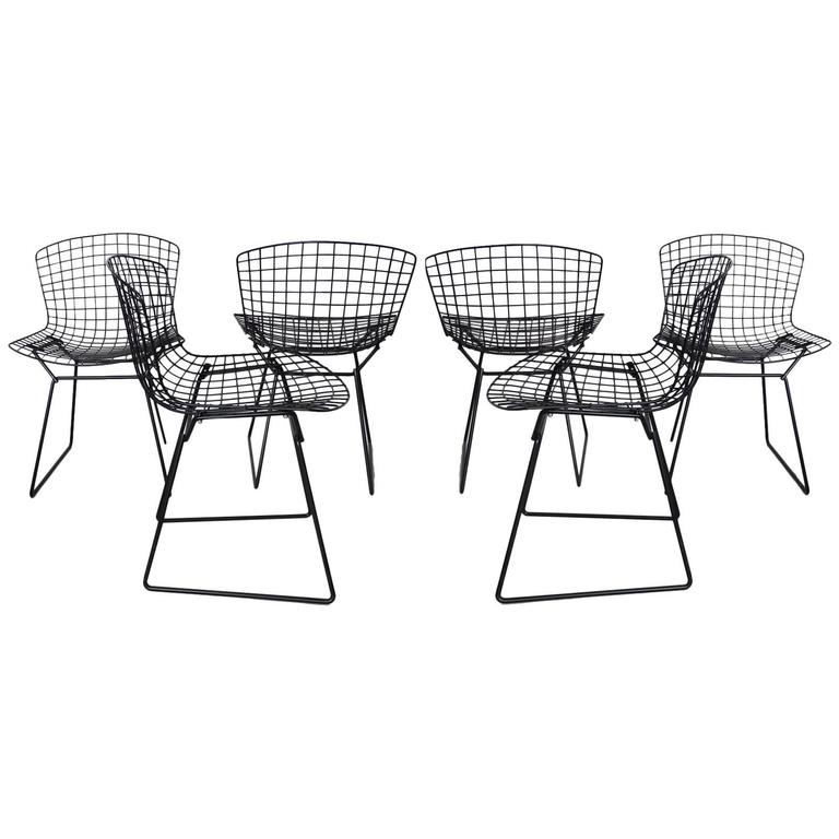 Six Harry Bertoia for Knoll Black Wire Dining Chairs at 1stDibs