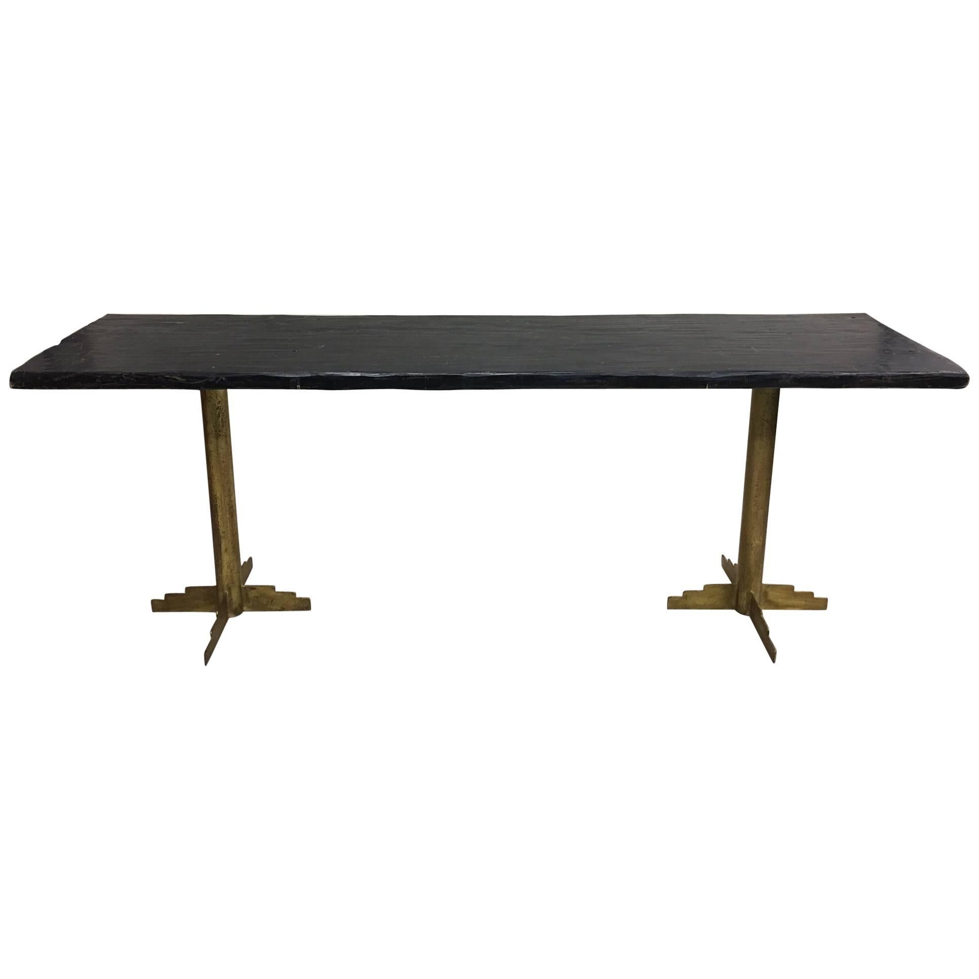 Two French Mid-Century Modern Gilt Iron Consoles or Dining Tables, 1925 For Sale