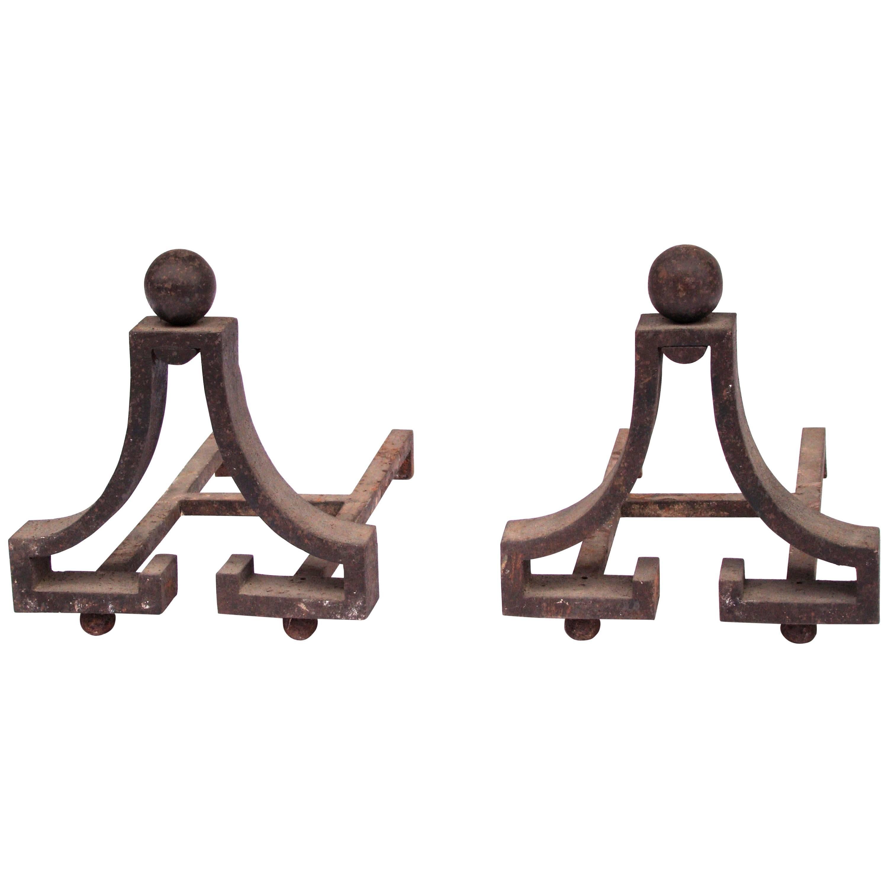 French Neoclassical Wrought Iron Pair of Andirons in the Style of Poillerat