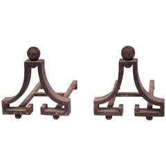 French Neoclassical Wrought Iron Pair of Andirons in the Style of Poillerat