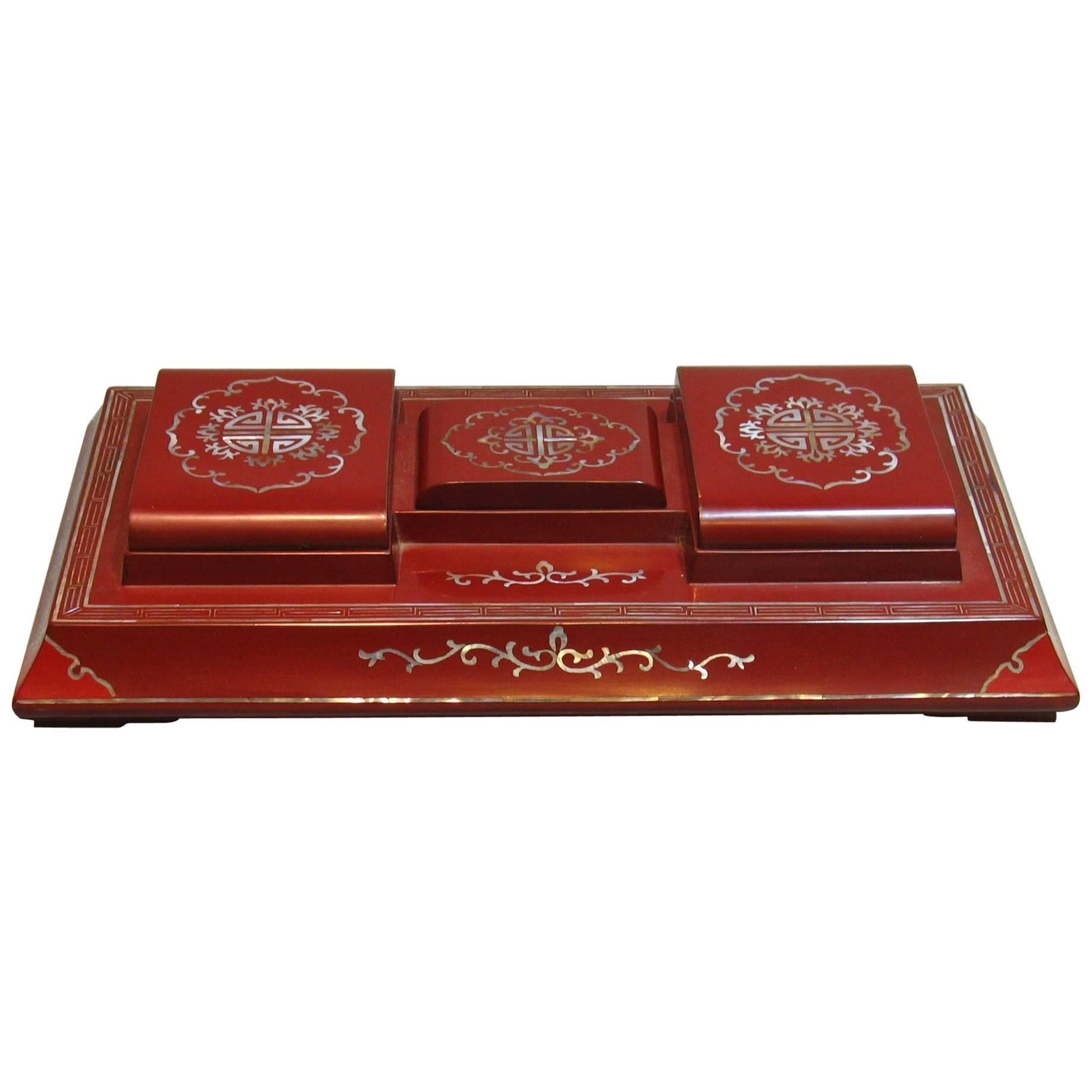 Rare Antique Chinese Red Lacquer Desk Box Early 20th Century For Sale