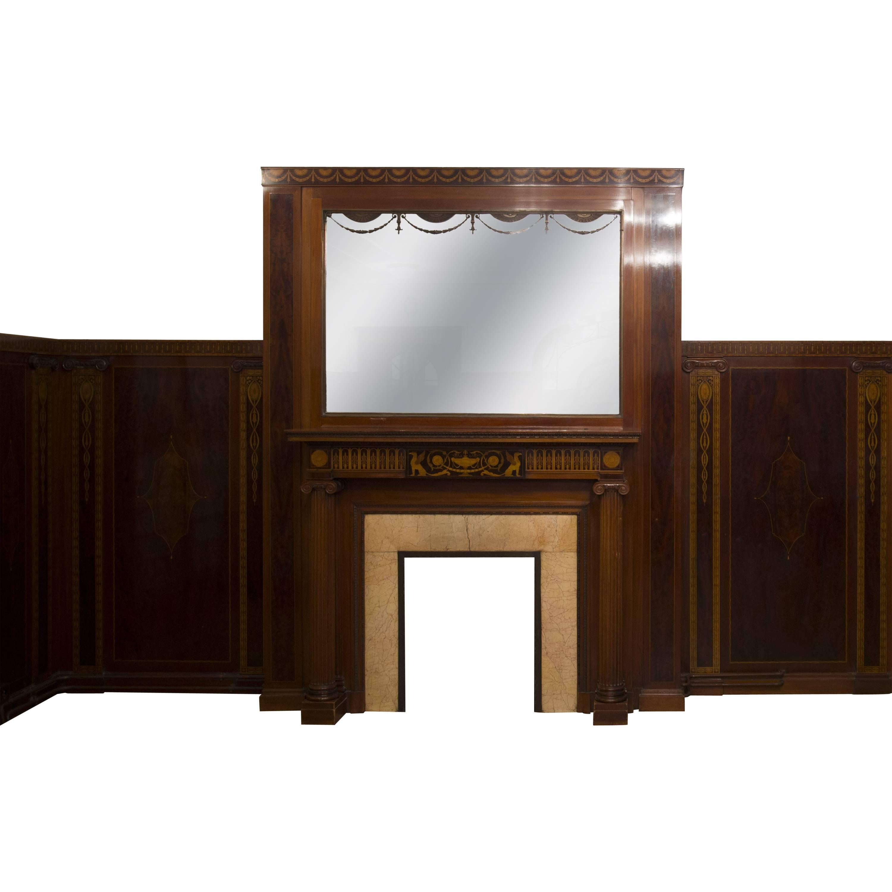 Regency Style Paneled Room in Mahogany Marquetry with Fireplace, 19th Century For Sale