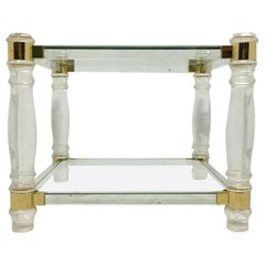 A French Modernist Square Lucite & Brass Two-Tier Side Table on Curvaceous Legs