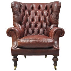 Oversized Lillian August Brown Tufted Leather English Chesterfield Wing Chair
