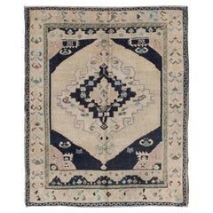 Vintage Hand Knotted Turkish Oushak Rug with Central Medallion in Cream and Blue
