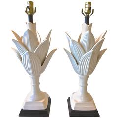 Hollywood Regency Porcelain "Acanthus" Lamps, Pair
