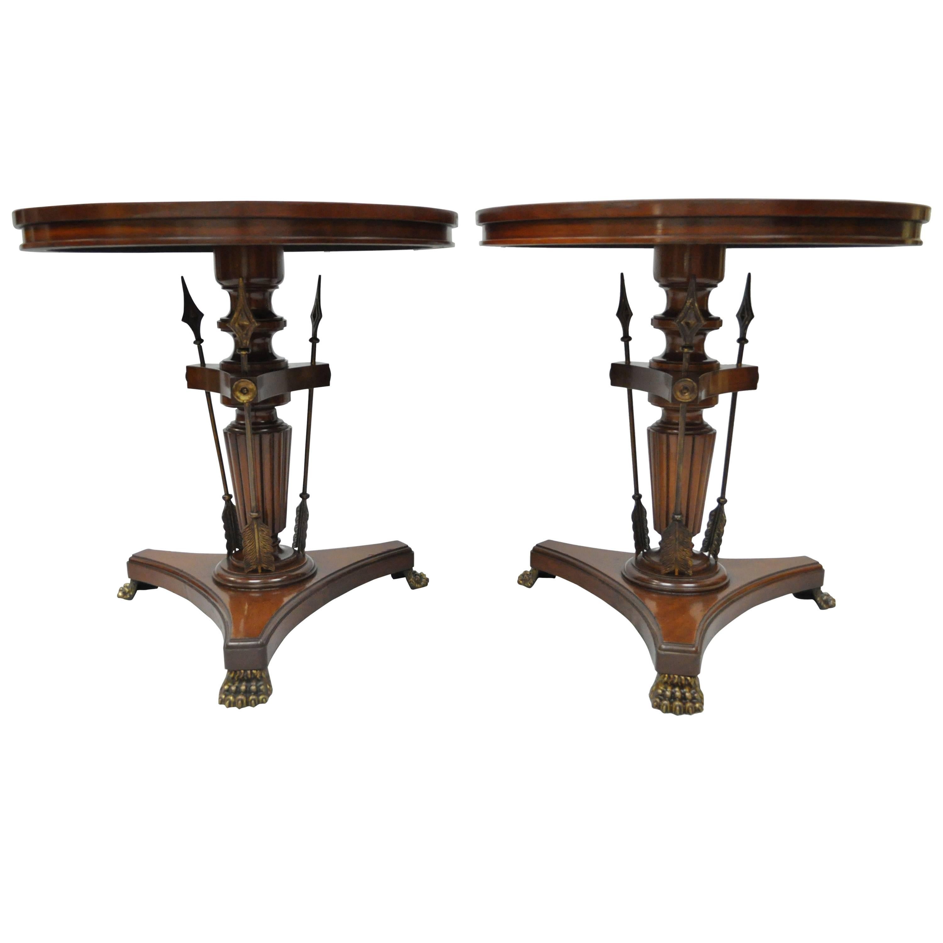 Pair of Crotch Mahogany & Brass Neoclassical Style Arrow Base Round Side Tables