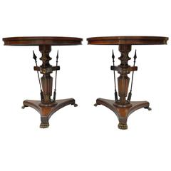 Pair of Crotch Mahogany & Brass Neoclassical Style Arrow Base Round Side Tables