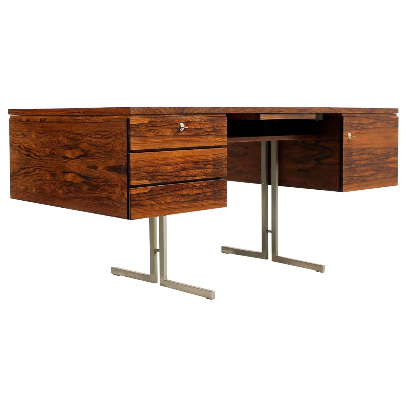 Amazing 1960s Mid Century Modern Writing Table Rosewood & Steel Desk Minimalist For Sale