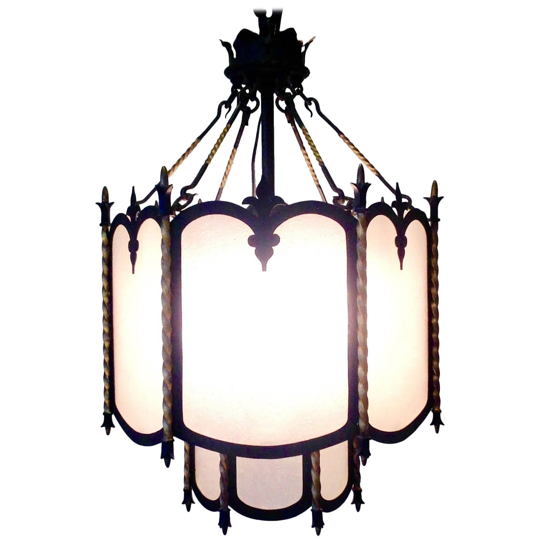 Antique Six-Light Iron Lantern with Frosted Glass For Sale