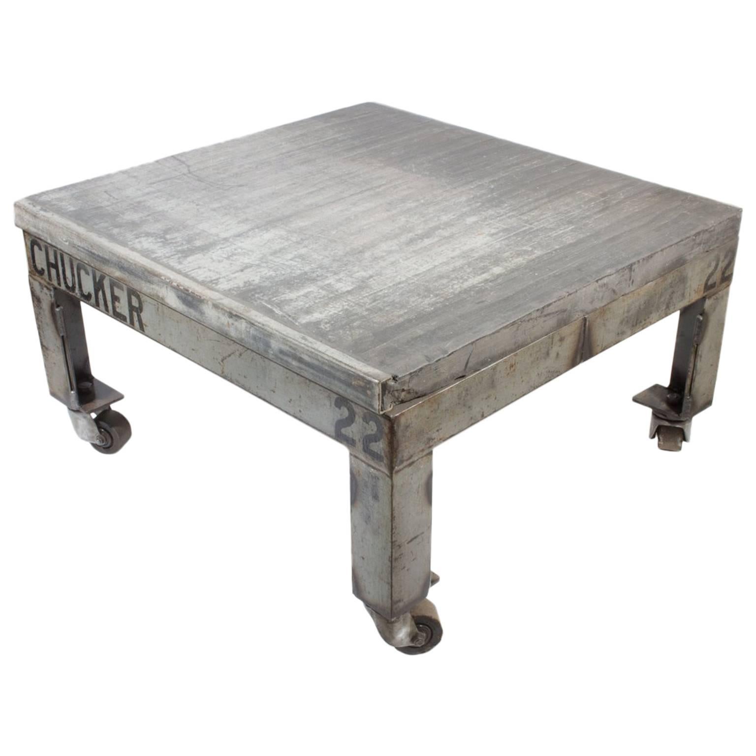 Vintage Belgian Bricklayer
s Pallet Industrial Square Cocktail Table with Wheels