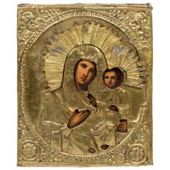 19th Century Our Lady of Iveron Russian Icon of Virgin Mary and Child Christ