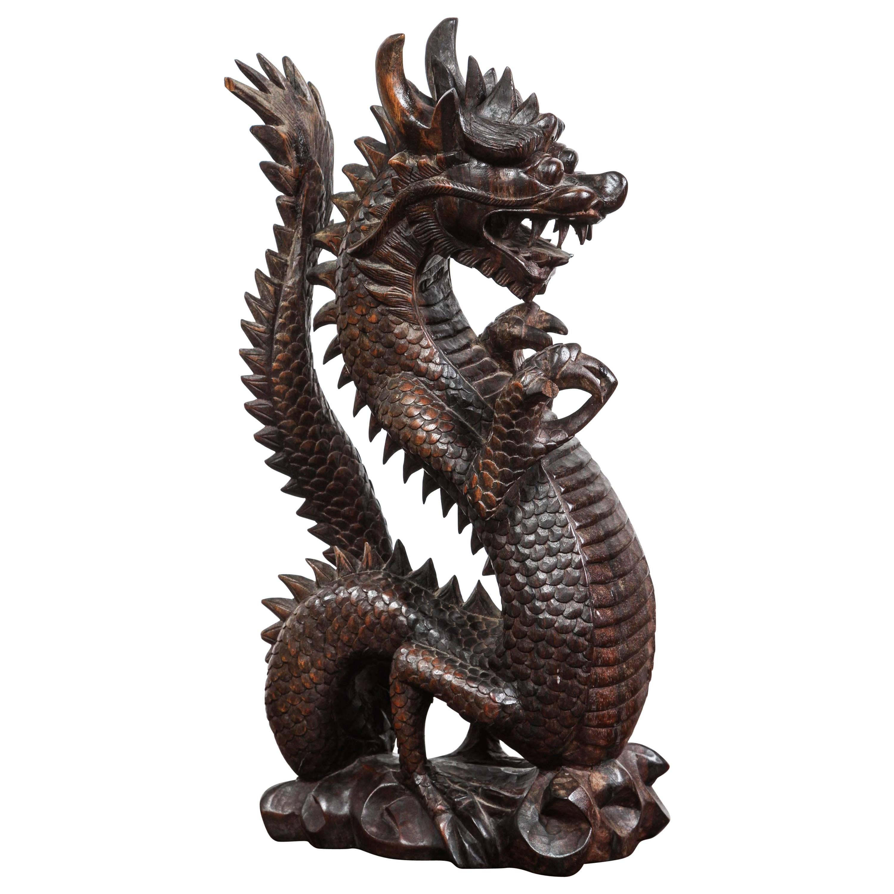 Wooden Sculpture of a Roaring Chinese Dragon