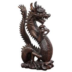 Vintage Wooden Sculpture of a Roaring Chinese Dragon