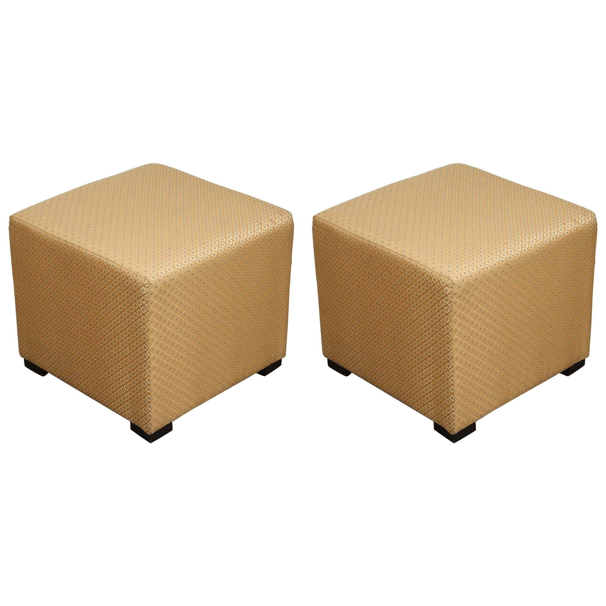 Pair of Gold Cube Upholstered Moroccan Ottomans, Poufs