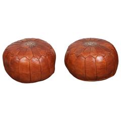 Pair of Vintage Moroccan Brown Camel Leather Poufs