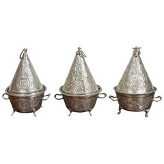 Set of Three Moroccan Silver Dishes Tajines with Cover