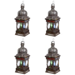 Vintage Moroccan Moorish Metal and Glass Candle Lantern, Set of Four