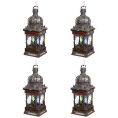 Moroccan Moorish Metal and Glass Candle Lantern, Set of Four
