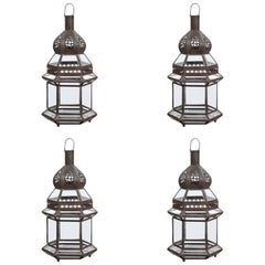 Vintage Moroccan Metal and Clear Glass Lanterns, Set of four